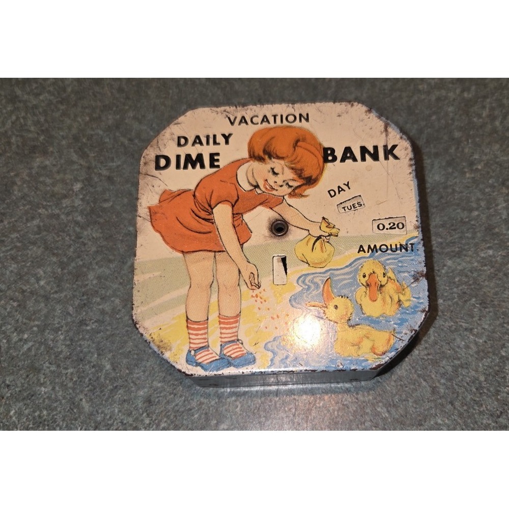 Vintage Daily Dime Bank Vacation Tin Litho 1950's Girl with Ducks Kalon Mfg